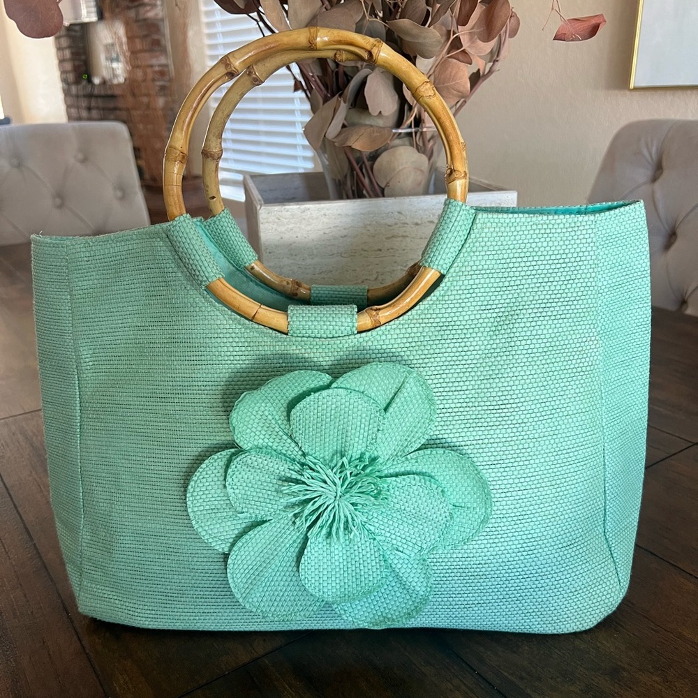 Neiman Marcus Mint Green Tote with‎ Bamboo Handles